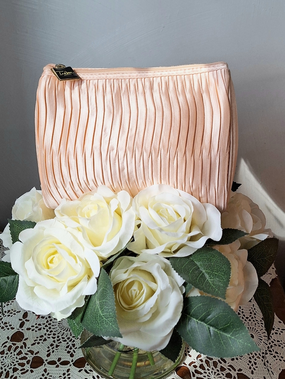 Vintage Lancome Tresor Peach Pleated Satin Zip Cosmetic Pouch or Clutch